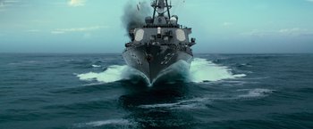 Movie still from “Battleship” (2012), directed by Peter Berg – A large boat in the middle of the ocean; Extreme Wide shot, Low angle