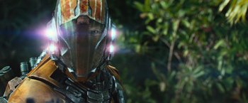 Movie still from “Battleship” (2012), directed by Peter Berg – A person wearing a helmet with lights on it; Close Up shot, Low angle