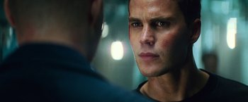 Movie still from “Battleship” (2012), directed by Peter Berg – A person looking at the camera; Close Up shot, Over the shoulder angle