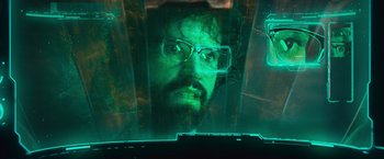 Movie still from “Battleship” (2012), directed by Peter Berg – A man's face in a green light; Extreme Close Up shot, Low angle