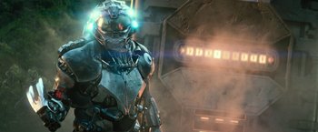 Movie still from “Battleship” (2012), directed by Peter Berg – An image of a man with a helmet on; Medium shot, Low angle