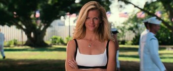 Movie still from “Battleship” (2012), directed by Peter Berg – A beautiful blonde woman with a smile on her face; Close Up shot, Low angle