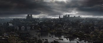 Movie still from “The Last Duel” (2021), directed by Ridley Scott – A city with a lot of boats in the water; Extreme Wide shot, High angle