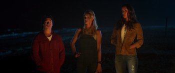 Movie still from “Baywatch” (2017), directed by Seth Gordon – A group of people standing next to each other in the dark; Medium shot, Low angle