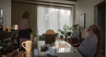 Movie still from “Beau Is Afraid” (2023), directed by Ari Aster – A woman standing in front of a living room window; Wide shot, Over the shoulder angle