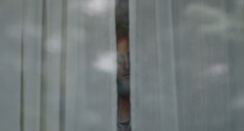 Movie still from “Beau Is Afraid” (2023), directed by Ari Aster – A man looking out of a window through a curtain; Medium shot, Low angle