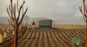Movie still from “Beau Is Afraid” (2023), directed by Ari Aster – An oil painting of a farm house and windmill; Extreme Wide shot, Low angle
