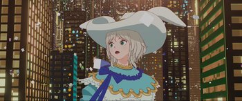 Movie still from “Belle” (2021), directed by Mamoru Hosoda – An anime character is looking at the camera; Medium shot, Low angle