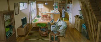 Movie still from “Belle” (2021), directed by Mamoru Hosoda – An artist's rendering of a living room and dining room; Extreme Wide shot, High angle