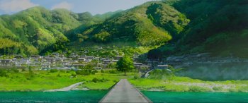 Movie still from “Belle” (2021), directed by Mamoru Hosoda – A painting of a road leading to a town on a hillside; Extreme Wide shot, High angle