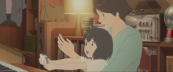Movie still from “Belle” (2021), directed by Mamoru Hosoda – A girl and a boy are sitting in front of a bookshelf; Medium shot, Over the shoulder angle
