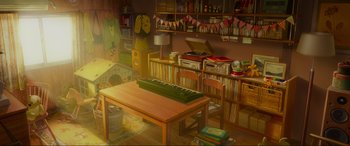 Movie still from “Belle” (2021), directed by Mamoru Hosoda – An illustration of a living room with a table and chairs; Extreme Wide shot, High angle