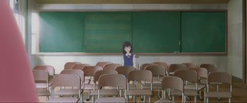 Movie still from “Belle” (2021), directed by Mamoru Hosoda – An animated character sitting in front of an empty classroom; Extreme Wide shot, High angle
