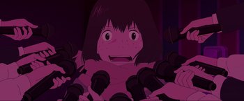 Movie still from “Belle” (2021), directed by Mamoru Hosoda – A girl with a big smile is surrounded by dumbbells; Close Up shot, Over the shoulder angle