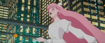 Movie still from “Belle” (2021), directed by Mamoru Hosoda – A woman with long pink hair is holding a controller; Medium shot, Low angle