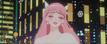 Movie still from “Belle” (2021), directed by Mamoru Hosoda – A woman with long pink hair is looking at the camera; Close Up shot, Low angle