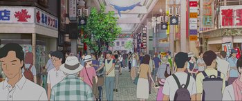 Movie still from “Belle” (2021), directed by Mamoru Hosoda – A crowd of people walking down a street; Extreme Wide shot, High angle
