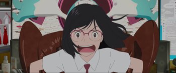 Movie still from “Belle” (2021), directed by Mamoru Hosoda – An animated woman wearing a white shirt and a red tie; Close Up shot, High angle