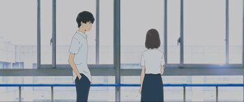 Movie still from “Belle” (2021), directed by Mamoru Hosoda – A man and a woman standing in front of a window; Medium shot, Low angle