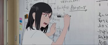 Movie still from “Belle” (2021), directed by Mamoru Hosoda – A woman is writing on a wall with a knife; Close Up shot, Over the shoulder angle