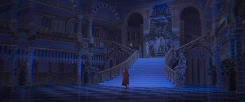 Movie still from “Belle” (2021), directed by Mamoru Hosoda – A man in a red robe walking down a staircase; Extreme Wide shot, Low angle