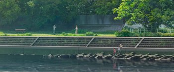 Movie still from “Belle” (2021), directed by Mamoru Hosoda – A couple of people fishing on a river; Extreme Wide shot, High angle