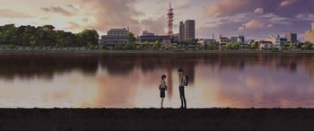 Movie still from “Belle” (2021), directed by Mamoru Hosoda – Two people standing on the side of a body of water; Extreme Wide shot, Over the shoulder angle