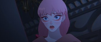 Movie still from “Belle” (2021), directed by Mamoru Hosoda – A woman with pink hair is looking at the camera; Close Up shot, Low angle