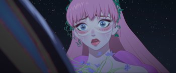 Movie still from “Belle” (2021), directed by Mamoru Hosoda – A woman with pink hair holding a mirror in front of her face; Close Up shot, Low angle