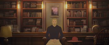 Movie still from “Belle” (2021), directed by Mamoru Hosoda – A man sitting in a chair in front of bookshelves; Medium shot, Over the shoulder angle