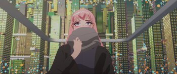 Movie still from “Belle” (2021), directed by Mamoru Hosoda – A woman with pink hair is standing in front of a city skyline; Medium shot, Low angle