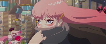 Movie still from “Belle” (2021), directed by Mamoru Hosoda – A person wearing a scarf; Close Up shot, Low angle