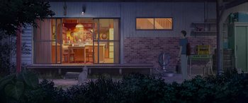 Movie still from “Belle” (2021), directed by Mamoru Hosoda – A dog sitting in front of a window in front of a house; Extreme Wide shot, High angle