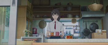 Movie still from “Belle” (2021), directed by Mamoru Hosoda – An animated woman is holding a tray of food; Medium shot, Over the shoulder angle