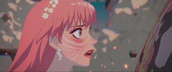 Movie still from “Belle” (2021), directed by Mamoru Hosoda – A woman with pink hair is looking at the sky; Close Up shot, Over the shoulder angle