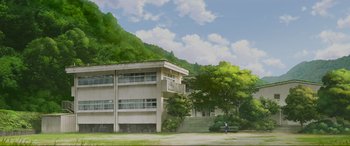 Movie still from “Belle” (2021), directed by Mamoru Hosoda – A person standing in front of a building on the side of a hill; Extreme Wide shot, Low angle