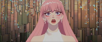 Movie still from “Belle” (2021), directed by Mamoru Hosoda – An anime girl with pink hair is looking at the camera; Close Up shot, Low angle