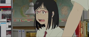 Movie still from “Belle” (2021), directed by Mamoru Hosoda – An animated picture of a woman with glasses and black hair; Close Up shot, High angle