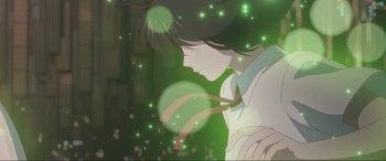 Movie still from “Belle” (2021), directed by Mamoru Hosoda – A woman with a long black hair standing in front of a green background; Close Up shot, Low angle