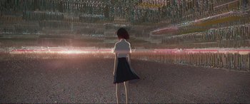 Movie still from “Belle” (2021), directed by Mamoru Hosoda – A woman standing in front of an abstract painting; Extreme Wide shot, High angle