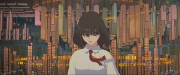 Movie still from “Belle” (2021), directed by Mamoru Hosoda – A woman with a red tie standing in front of a city skyline; Close Up shot, Low angle
