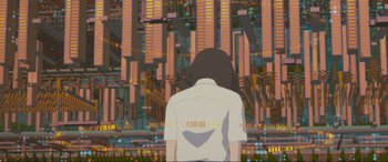 Movie still from “Belle” (2021), directed by Mamoru Hosoda – A woman standing in front of a city skyline at night; Extreme Wide shot, Low angle