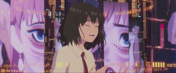 Movie still from “Belle” (2021), directed by Mamoru Hosoda – A woman in a white shirt and a red tie; Close Up shot, Over the shoulder angle