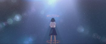 Movie still from “Belle” (2021), directed by Mamoru Hosoda – A woman standing in front of an open doorway; Extreme Wide shot, Overhead angle