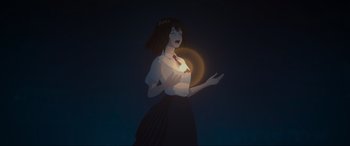 Movie still from “Belle” (2021), directed by Mamoru Hosoda – An animated woman is holding her hands out; Medium shot, Low angle
