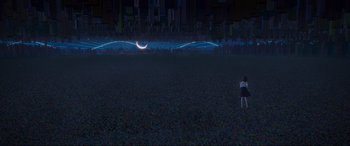 Movie still from “Belle” (2021), directed by Mamoru Hosoda – A woman standing in a field at night with a city skyline in the background; Extreme Wide shot, High angle