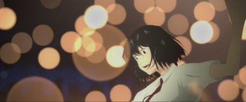 Movie still from “Belle” (2021), directed by Mamoru Hosoda – A woman with long black hair standing in front of lights; Close Up shot, Over the shoulder angle