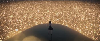 Movie still from “Belle” (2021), directed by Mamoru Hosoda – A woman standing in front of an image of the sun; Extreme Wide shot, High angle