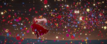 Movie still from “Belle” (2021), directed by Mamoru Hosoda – A woman in a long red dress standing in front of a bunch of flowers; Extreme Wide shot, Low angle