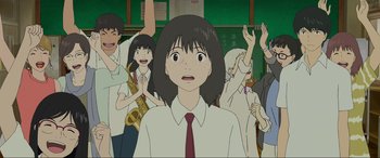 Movie still from “Belle” (2021), directed by Mamoru Hosoda – A group of people standing in front of a green wall; Medium shot, Over the shoulder angle